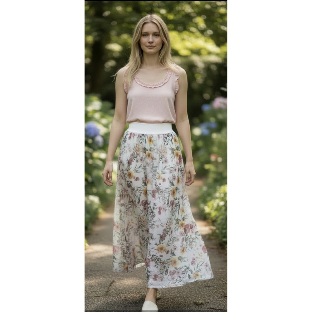 Elena‎ Baldi Silk Blend Ivory Floral Pull-On Maxi Skirt A-Line S Cottage/Fairy